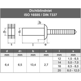 6.4 x 16 mm (Pack of 10) Sealing Blind Rivets with Flat Head, Waterproof, Stainless Steel VA A2 V2A, Blind Rivets, Pop Rivets, Rust-Proof DIN 7337, ISO 16585 AGBERG