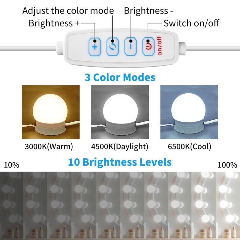 LED Vanity Mirror Lights with 12 Stick On Dimmable Bulbs,