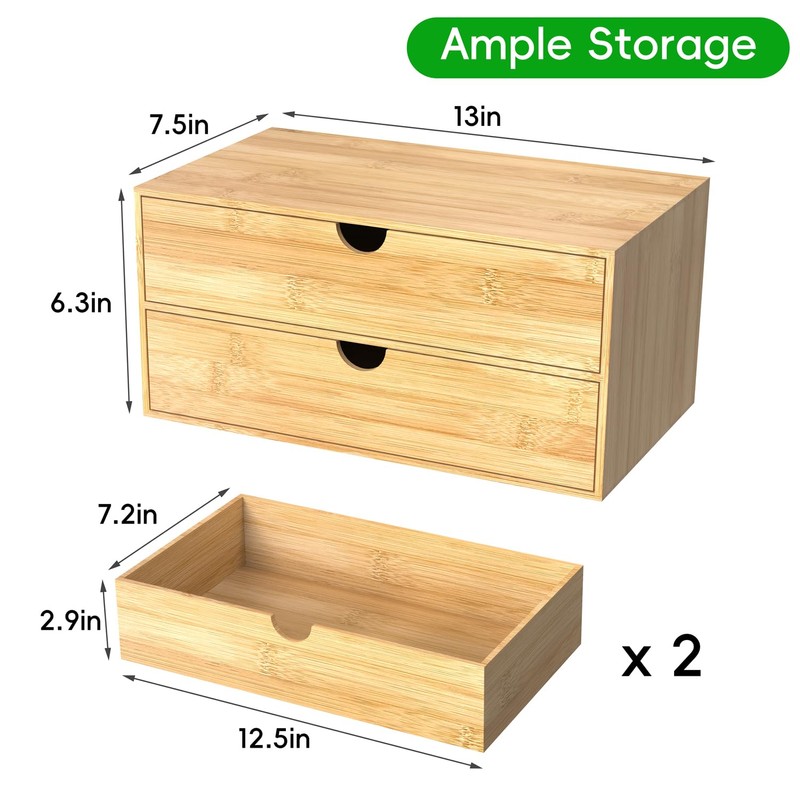 Neando Bamboo Desk Organizer with 2 Drawers, Wooden Countertop Drawers