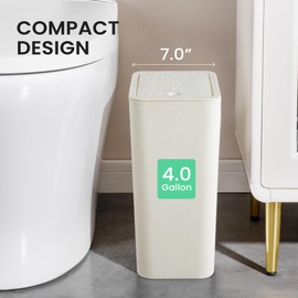 Cesun Bathroom Trash Can with Lid, 4.0 Gallon / 15 Liter Small Garbage Can with Press Top Lid, Plastic Wastebasket with Pop-up Lid for Toilet, Office, Bedroom, Living Room, White
