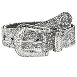 JFYSJH Silver Rhinestone Belts BB Belt Bling Western Cowgirl Cowboy Belt Sparkly Glitter Cover Belt, Fit Waist 32-37 inch