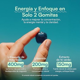 Tonalli – Gomitas Sin Azúcar para Energía y Enfoque | 400 mg Magnesio L-treonato + 200 mg L-teanina + 150 mg Cafeína Natural del Té Verde | 60 Gomitas Sabor Arándano Azul