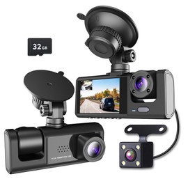 PTHTECHUS®DashCam para Auto, HD 1080P Cámara triples Delanteras y traseras integradas con Tarjeta SD 32GB, Camara Automovil con Súper Visión Nocturna, IPS 2.0'', Ángulo Ancho 170°, Grabación en Bucle
