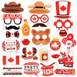 HOWAF 25pcs Happy Canada Day Photo Booth Props, Maple Leave Photo Props for 1th of July Canadian National Day Party Decoration Supplies, Canada Flag Selfie Props