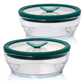 Anyday 2-Pack (2-Cup) Glass Food Storage Set with Glass Lids | Plastic-Free Meal Prep Set | Stackable Airtight Storage Container Set with Vented Lid for Microwave-Safe Reheating