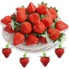 Bairdish 30pcs Artificial Strawberries, Fake Strawberry Bulk Faux Fruit Model Decoration Lifelike Fruit Strawberries Ornament for Home Kitchen Party Decor Desk Centerpieces Photography Display Prop