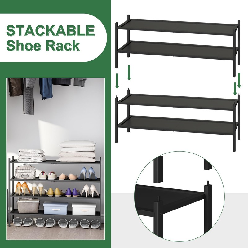 Black 2-Tier Long Stackable Bamboo Wood Shoe Rack for Closet,
