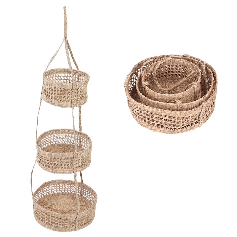 Hanging Fruit Basket Rattan 3 Tiers Multifunctional Foldable Elegant Style