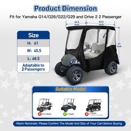 NOKINS 600D Waterproof Golf Cart Deluxe Enclosure for Yamaha G14/G26/G22/G29/Drive 2, 2 Passenger Golf Cart Rain Cover with Clear PVC Roll Up Window (Black)