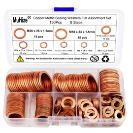 MuHize Copper Washers - Upgraded 150PCS 8 Sizes Copper Metric Sealing Washers Flat Washers Assortment Kit (M6 M8 M10 M12 M14 M16 M18 M20)
