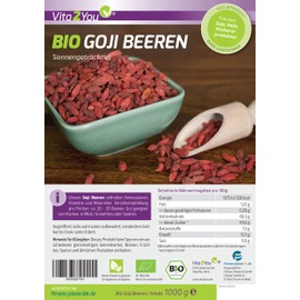Vita2You Bio Goji Beeren 1kg Zippbeutel - ungeschwefelt - Ökologischer Anbau - Wolfsbeeren - 1000g - Premium Qualität