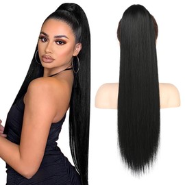 FLUFYMOOZ ponytail extension, 26 Inch Long Straight Drawstring Ponytail Hairpieces Fake Pony Tails Natural Soft Clip in Hair Extension ponytail for Women (Jet Black)
