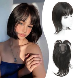 Peonymebeauty Fake Bangs Hair Toppers for Women, 4"X5" Base Topper with 360°Clip in Fringe for Hair Loss 12 Inch Synthetic Fiber Wiglets Ladies Straight Hairpieces for Daily Use Add Volume(Dark Brown)