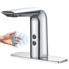 BWE Automatic Motion Sensor Touchless Bathroom Sink Faucet Electronic Infrared Hands Free Commercial Vanity Faucets Battery or Plug-in Powered,with Control Box and Temperature Mixer,Polished Chrome