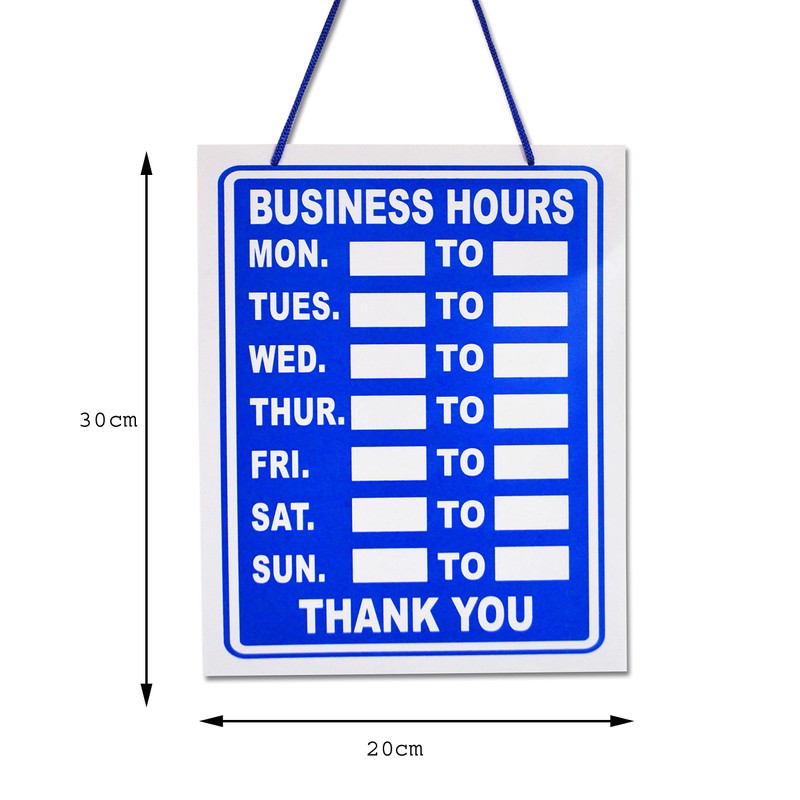 Business Hours Sign Blue High Contrast Hanging Opening Closing Times