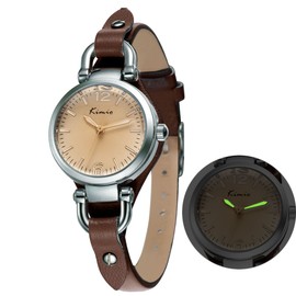 Alienwork Kimio Women's Watch Small Slim Leather Strap, Silver/Brown/Leather Strap Brown, Strap.