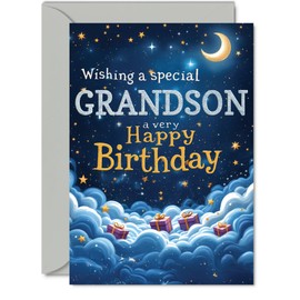Grandson Birthday Card - Starry Night Moon Clouds - Happy Birthday Card for Grandson from Grandad Nanny, A5 Male Bday Greeting Cards
