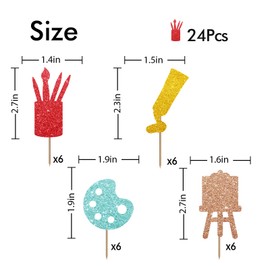 24PCS Painting Brush Cupcake Toppers, Art Paint Themed Party Cupcake Toppers, Pigment/Drawing Board Dessert Picks, Painter Birthday Party Decoration - Red&Gold Glitter