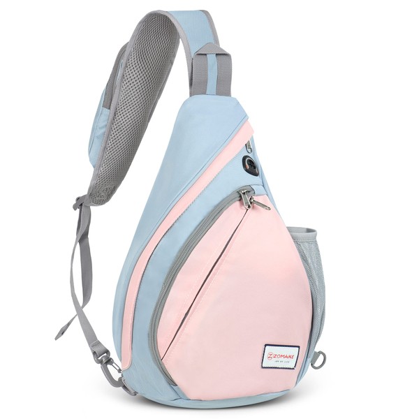 ZOMAKE Sling Small Backpack Walking The Dog - Sling Bags for Men Women,Crossbody Sling Bag for Sports,Outdoor and Traveling.Healthy Chest Bag Small for Boys,Girls (Grey/Light Pink)