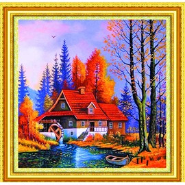 Meecaa Cross Stitch Kits 11 Count Embossed Autumn Landscape House Villa Lake Embroidery Kit with Accessories Pre-Printed (50x50cm) (Autumn)