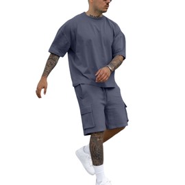 Fastkoala Mens Short Sets Tracksuits Outfits Suit Roll Neck Top & Pant Sweatsuits Gym Joggers Tooling Pocket 2 Pcs Grey XXL