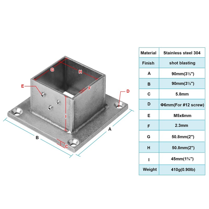 eoere 4 PCS 2" Square Post Flange Base, 304 Stainless