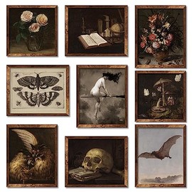 Whaline 9Pcs Dark Academia Wall Art Prints clásico Halloween decoración de pared Bruja en escoba Floral Skull Gótico decoración para el hogar Galería 