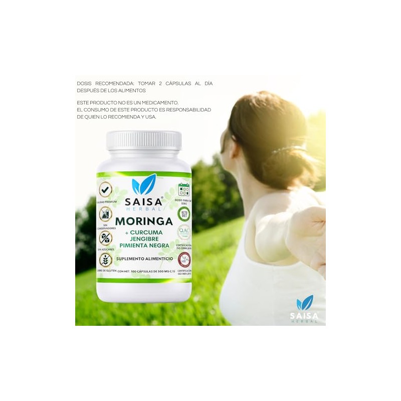 Moringa con Cúrcuma y Pimienta Negra Suplemento Alimenticio 100 Cápsulas
