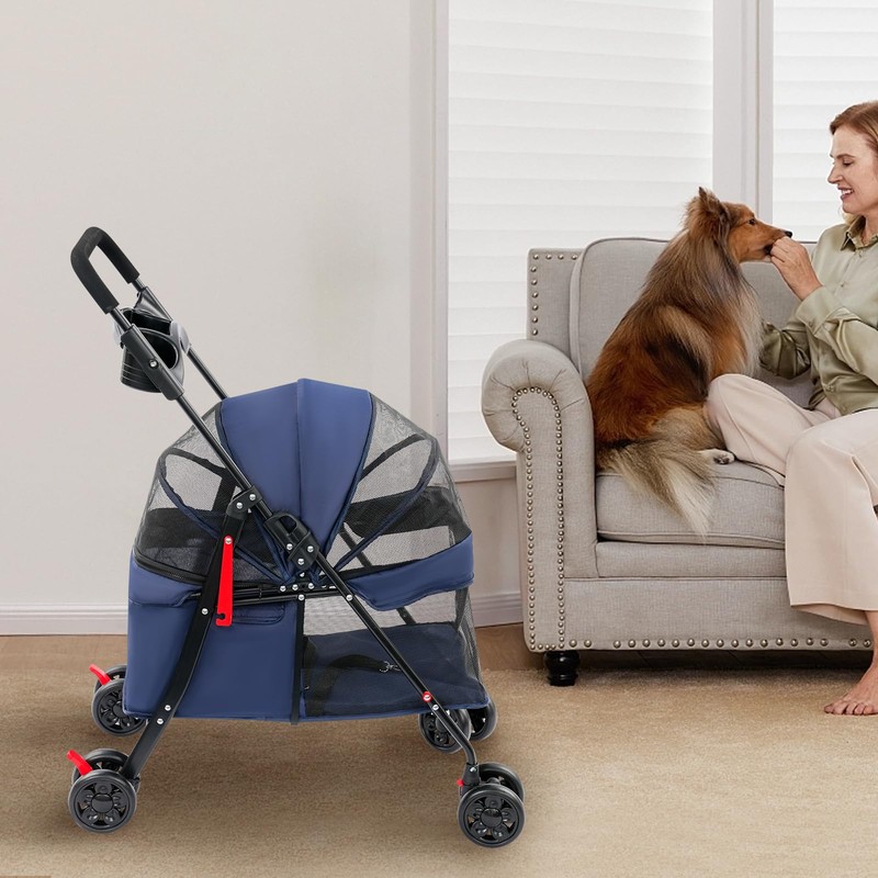 Foldable Pet Stroller with Weather Cover,4 Wheels Pet Strolling Cart