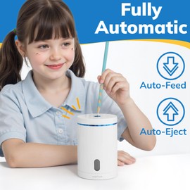 Electric Pencil Sharpener, Fully Automatic Pencil Sharpener with Auto in and Out, Rechargeable and Hands-Free for Standard 6-8mm Pencils, Perfect for Classroom and Home Use (White and Blue)