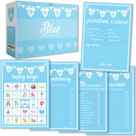 Party Hearty Baby Shower Games for Boy, 250 pcs Blue 5 Games Activities Cards, Funny Baby Shower Games, Baby Shower Ideas