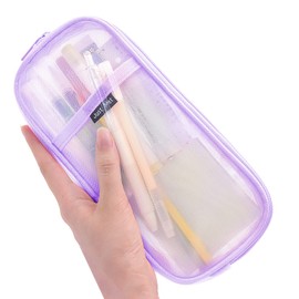 Sonuimy Clear Mesh Pencil Case Pouch, Clearly Visible Grid Pen Cases Organizer For Adult, Zipper Transparent Stationary Makeup Bag For Travel Office College-Purple