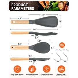 Cooking Spoon and Rice Scooper for Nonstick Cookwares, Great for Cooking and Serving Durable BPA-Free Matte Silicone, Wood Handle Spoon for Mixing, Scoop, and Scrape (Grey)
