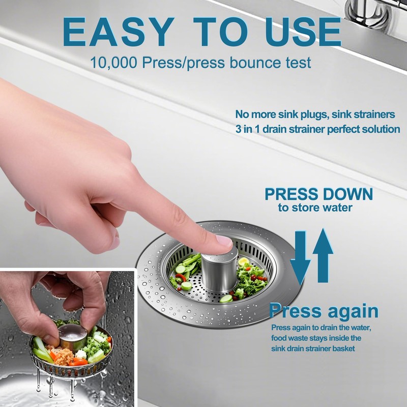 3-in-1 Kitchen Sink Drain Strainer & Stopper, Stainless Steel Food