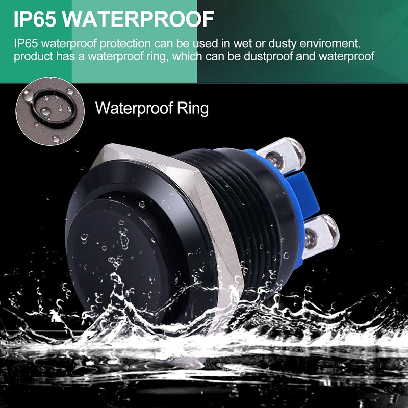 Twidec/19mm Waterproof Black Metal Shell Momentary Raised Top Push Button