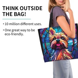 Novgift Yorkie Stained Dog Breed Glass Art Women Shoulder Handbags Reusable Large Capacity Casual Tote Bag For Shopping Travel