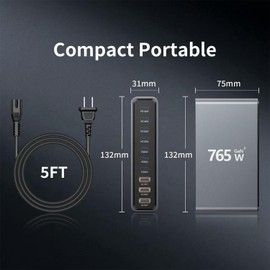 765W GaN 3 Desktop Charger, 10-Port Fast Charging Station, Multiple Devices Charged Simultaneously Without Queuing, Compatible with Laptops, Mobile Phones, and Tablets(Black)