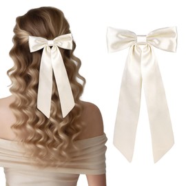WantGor Long Tail Bow Hair Clips, Hair Ribbon Bows Satin Bowknot Clip Large Hair Barrettes Cute Ponytail Holder Hair Accessories for Women Daily Party Wedding Prom (Beige)
