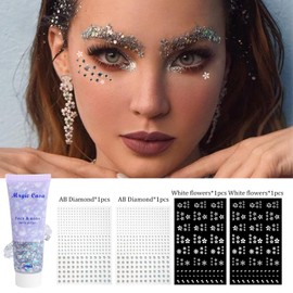 SpexArt Body Glitter, Silver Face Glitter & 4 Sheets Face Gems Sticker Singer Concerts Music Festival Rave Accessories Mermaid Face Glitter Face Paint Chunky Hair Sparkling Body Glitter for Women 50ml