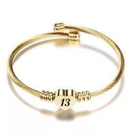 KunBead 13th Birthday Love Heart Gold Tone Expandable Bracelets for Women Lucky Number Age Bangle Cuff Stainless Steel Bracelet