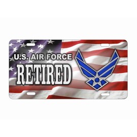 Military Veteran or Retired Front Plate, American Flag Design, Military Decorative Vanity Car Tag 12 x 6 inches (Air Force Retired)