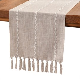 Wracra Farmhouse Coffee Table Runner Vintage Cotton Linen Table Runner Rustic 150 cm with Hand Tassels for Parties, Dining Room Decorations, Dessert Table Decoration (Light Coffee, 150 cm)