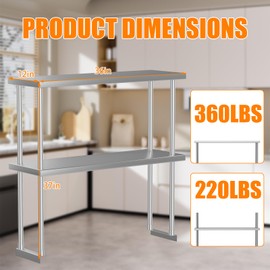 GarveeTech Stainless Steel Overshelf Shelves for Work & Prep Table 12" x 36", 2 Tier Double Deck Overshelf with Adjustable Shelf, Commercial Countertop Shelf for Kitchen, Restaurant