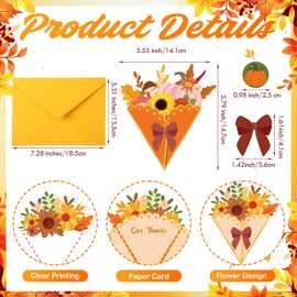 Funrous 24 Pack Thanksgiving Greeting Cards Happy Thanksgiving Flower Shaped Cards with Stickers Envelopes 8 Designs Fall Flower Bouquet Craft Religious Gift Set for Autumn Thankful Party Decor