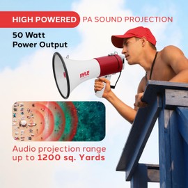 Pyle Portable Megaphone Speaker PA Bullhorn-Built-in Siren, 50W Adjustable Volume Control &1200 Yard Range-Ideal for Any Outdoor Sports, Cheerleading Fans & Coaches or for Safety Drills - PMP52BT