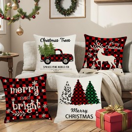 Whiosyrt Merry Christmas Throw Pillow Covers 18x18 Inch Set of 4 Xmas Trees Truck Buffalo Plaid Farmhouse Decorative Cushion Cases for Home Decoration Christmas Pillows