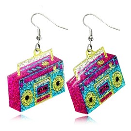Retro Fashion Acrylic Magnetic Tape Earrings for 80’s Party Women Punk Retro Cassette Crush Colorful Drop Dangle Earrings Party Night (Pink Star Radio Earrings)