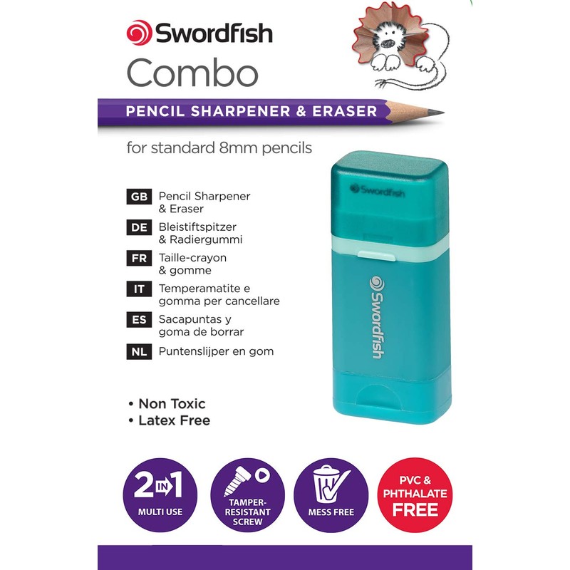 Swordfish Combo Pencil Sharpener with Mess-Free Canister and Eraser [Pack