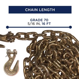 Tiedown Chains with Pulling Hooks – Grade 70 Carbon Steel Safety Tie Out Chain for Trucks, Trailers, RV – 16-Inch Heavy Duty Tow Chain for Industrial Applications 4,700 Lbs Loading Capacity