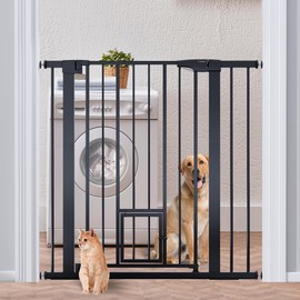 Mumeasy 36" High Extra Tall Baby Gate with Cat Door, 29.6"-40.5" Wide Pressure Mounted Dog Gate with Small Pet Door, Auto Close Pet Gate for House,Stairs,Doorways,Black